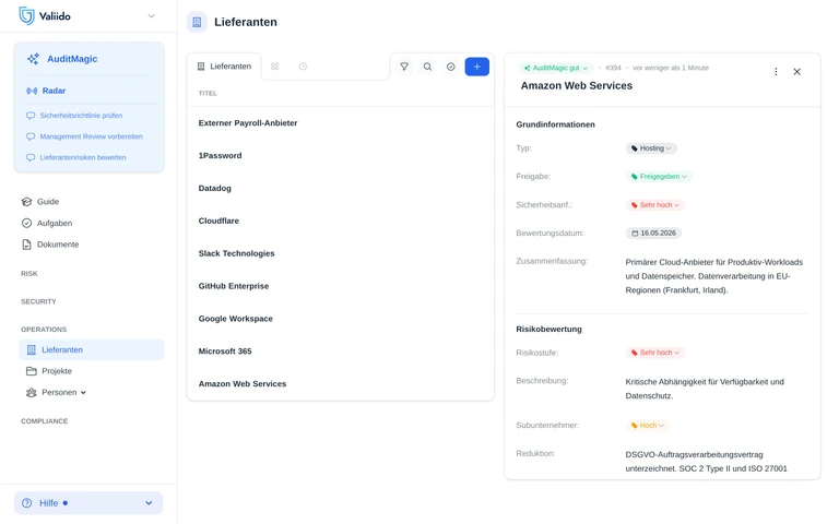 Lieferanten-Detail in Valiido - AWS-Panel mit AuditMagic Good, Approval Approved, Risiko Very High vor Maßnahmen, High danach.