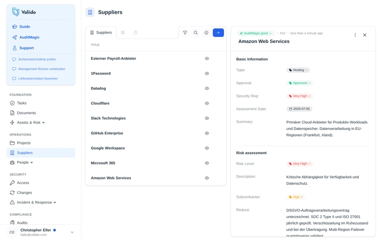Lieferanten-Detail in Valiido - AWS-Panel mit AuditMagic Good, Approval Approved, Risiko Very High vor Maßnahmen, High danach.