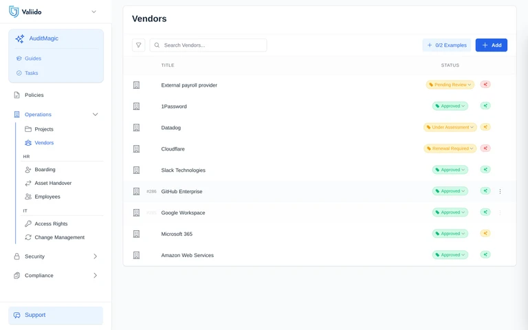 Valiido vendor portfolio with structured supplier records
