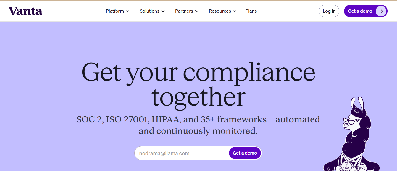 Vanta homepage with automated compliance frameworks