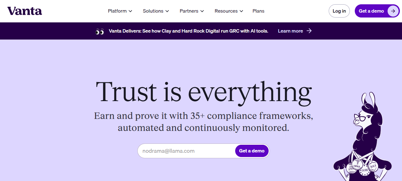 Vanta homepage with automated compliance frameworks