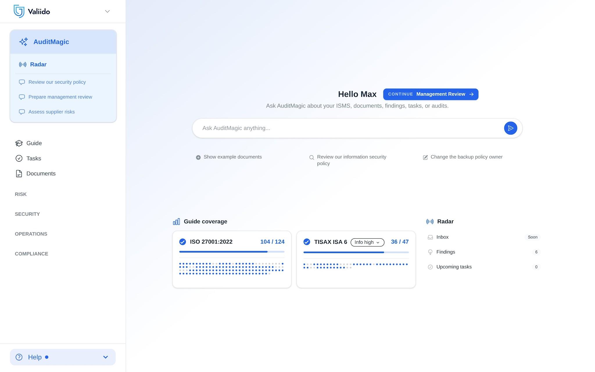 AuditMagic dashboard showing a weekly ISMS readiness check