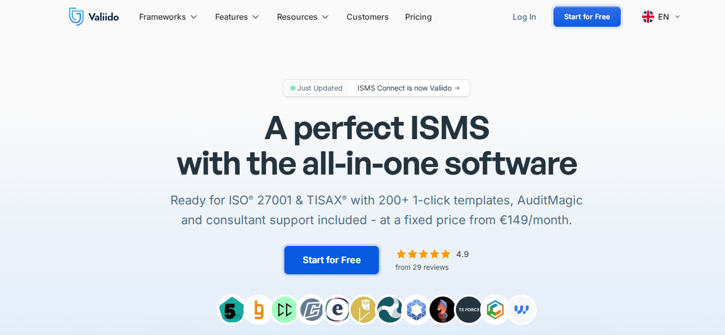 Valiido ISMS platform homepage with guided implementation and AuditMagic