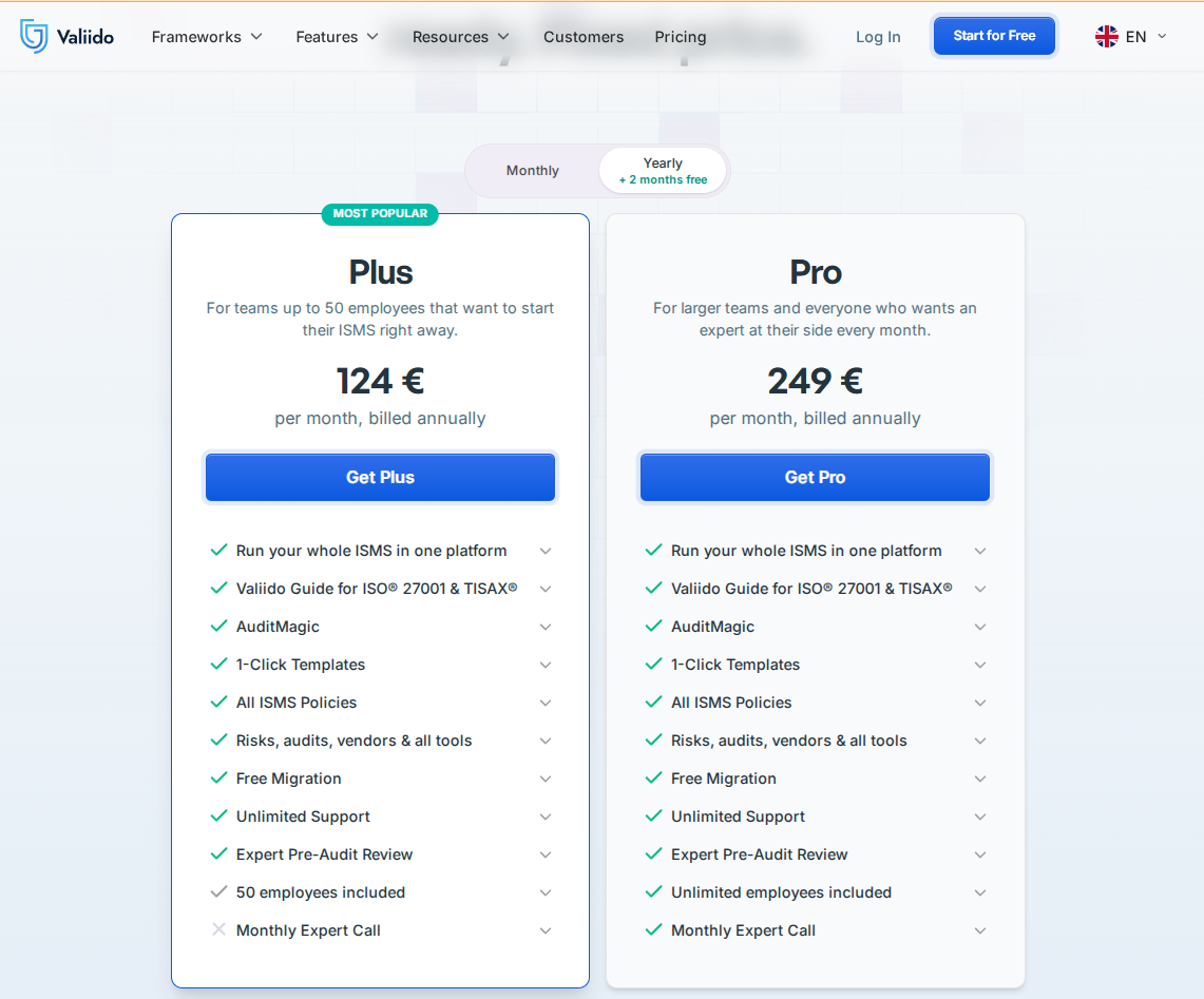 Valiido Plus and Pro pricing plans