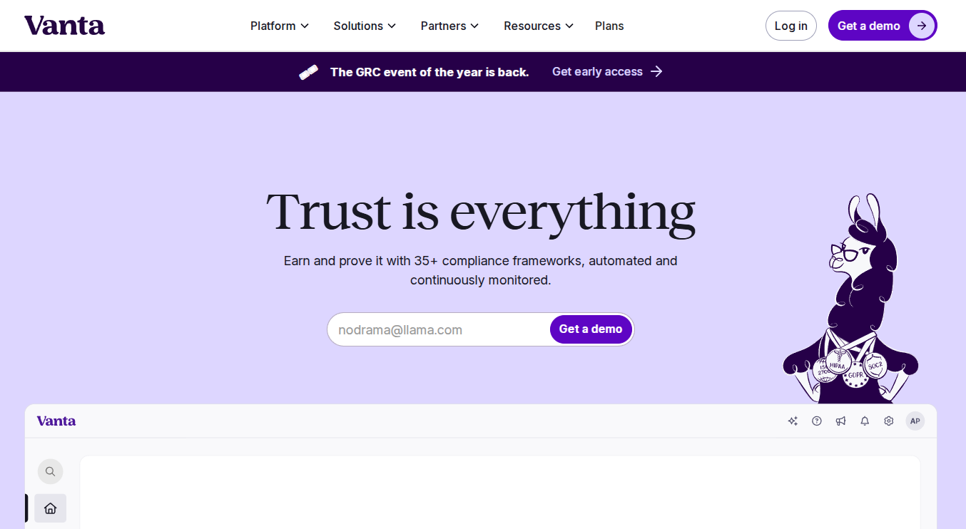 Vanta trust management platform homepage