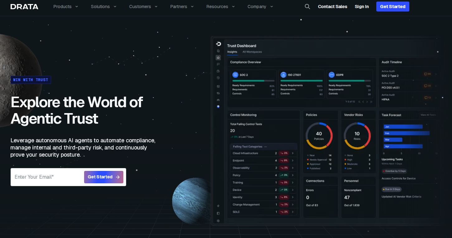 Drata agentic trust management platform homepage