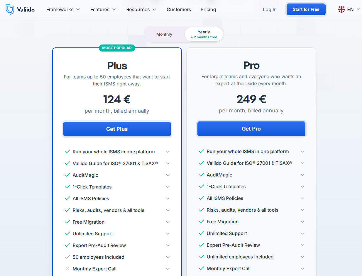 Valiido Plus and Pro pricing plans