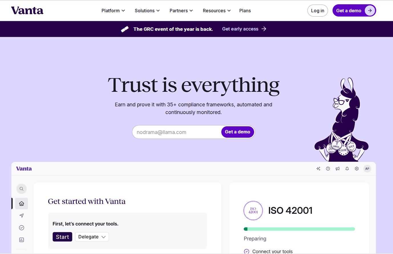 Vanta trust management platform homepage